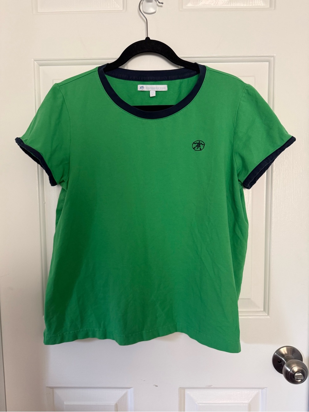 Southern Tide Green Navy Blue Ringer Tee Embroidered Sand Dollar Womens Large